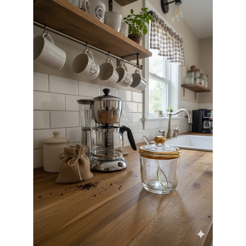 Jeanette Glass MCM Jam Jar Lid & Spoon Clear and Gold Accents On Lid.